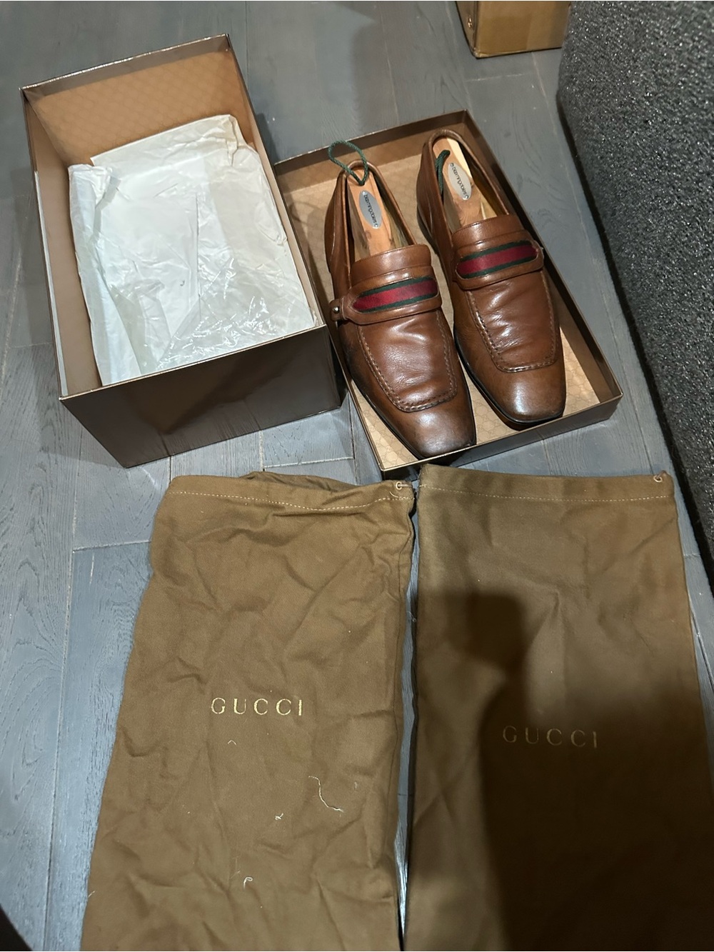 Gucci Brown Leather Men’s Slip-On Loafers with Green and Red Web